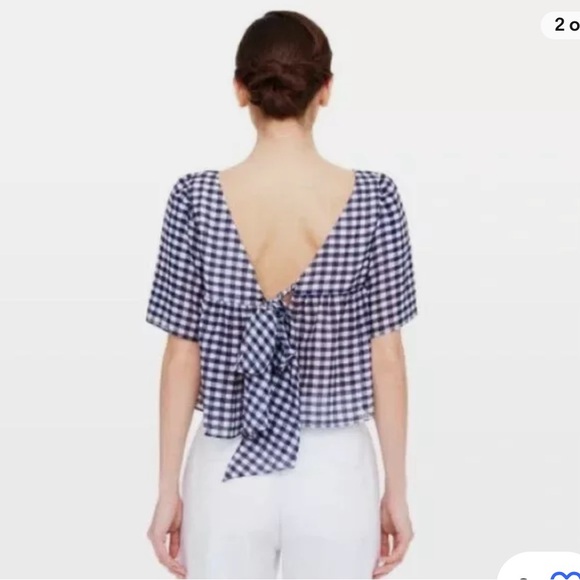 CLUB MONACO XS 100% SILK Gingham Open Tie-Back crop blouse - Picture 3 of 6